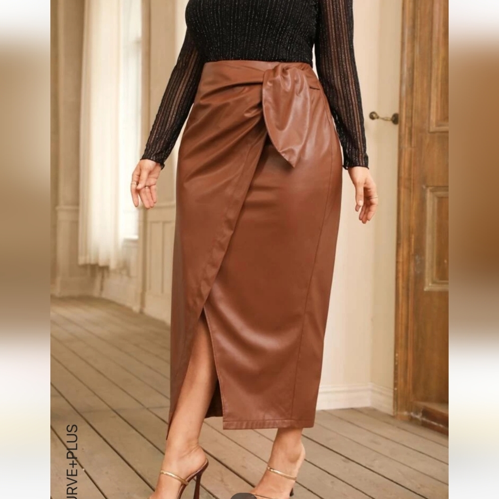 Faux Leather Long Brown Wrap Skirt - Picture 8 of 10